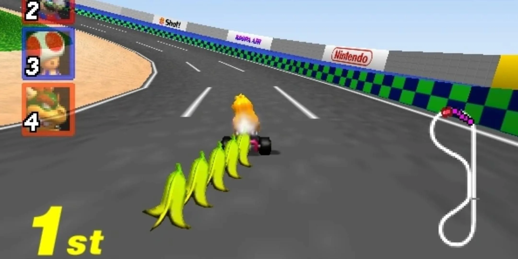 Peach thể hiện kỹ năng drift và dùng vật phẩm trong Mario Kart 64, minh họa chiến thuật speedrun Yoshi Valley.