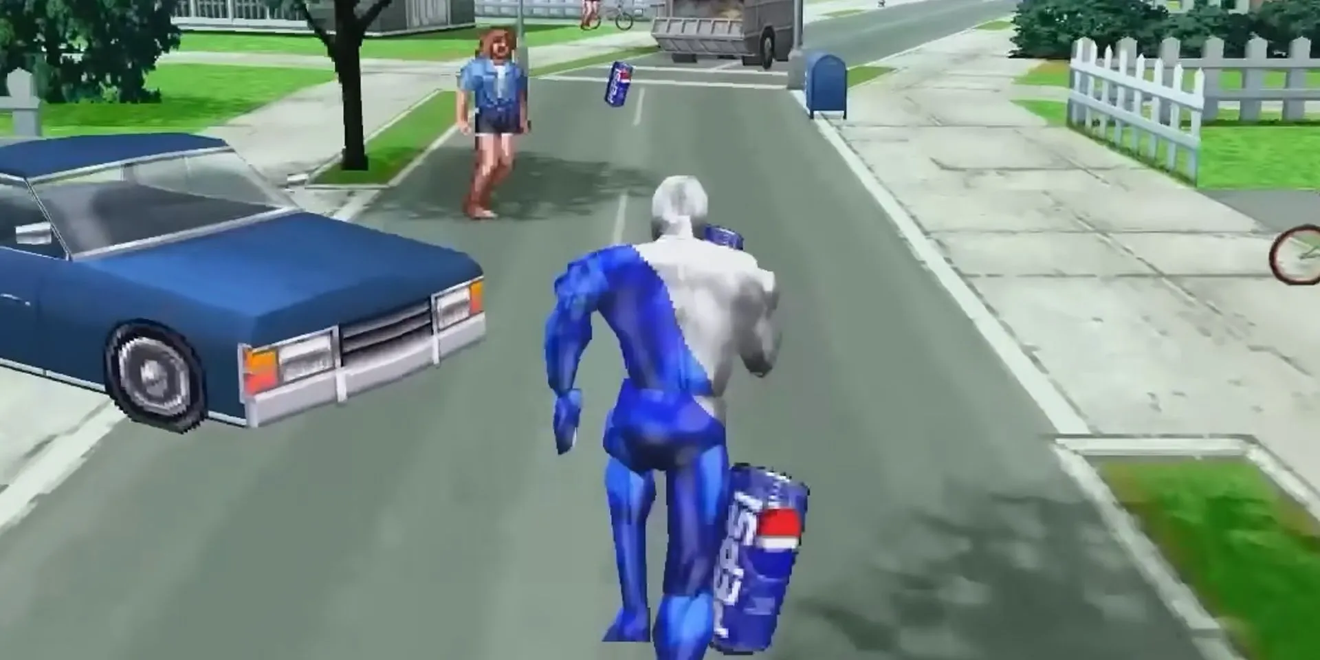 Pepsiman chạy trên đường phố trong game