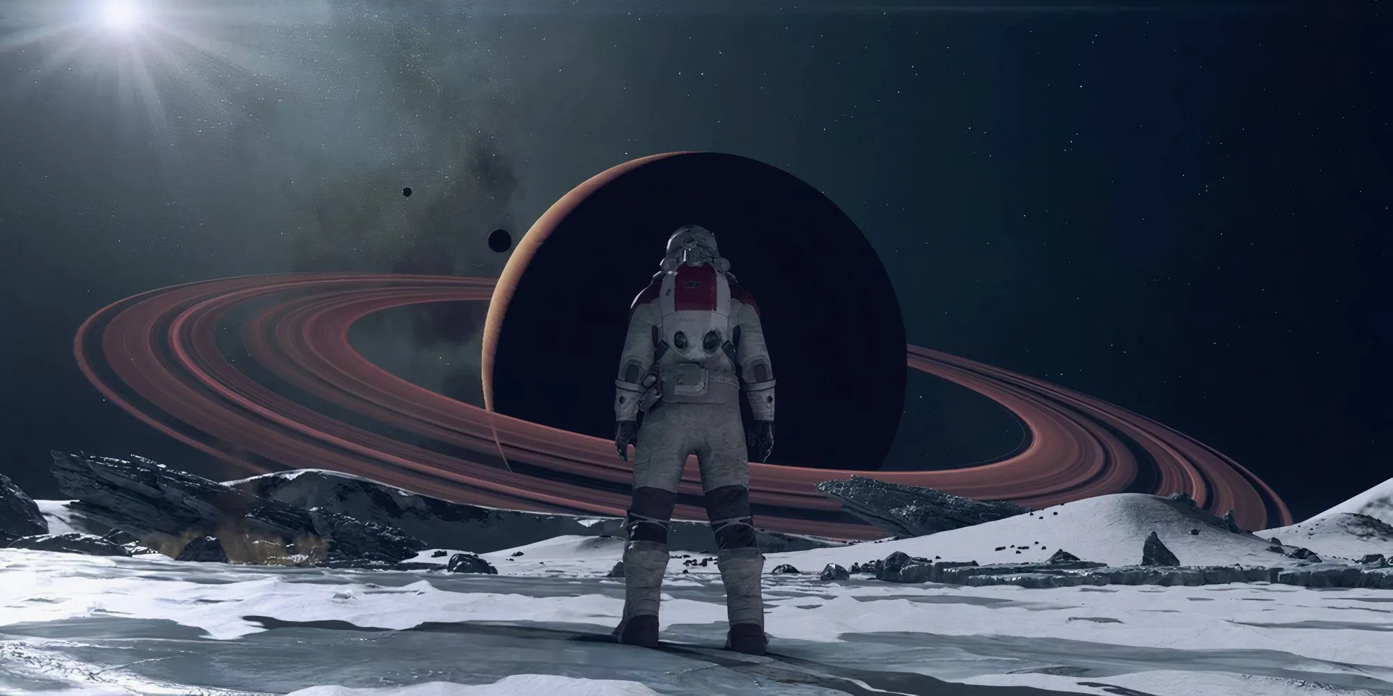 Phi hành gia đứng trước sao Thổ trong Starfield, một game RPG lấy bối cảnh vũ trụ