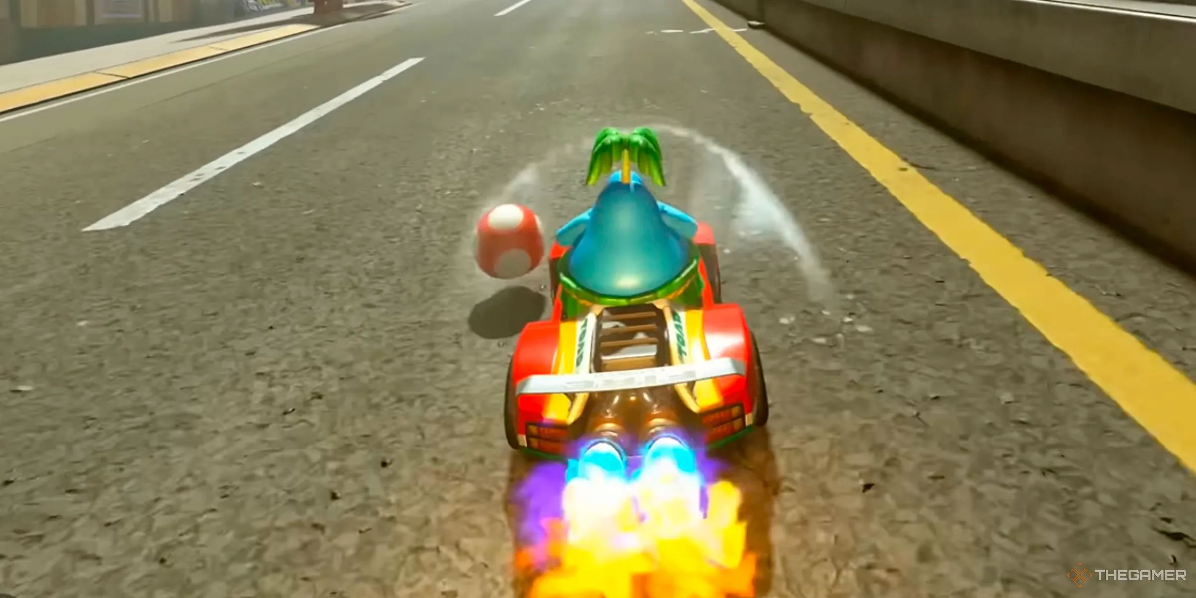 Pianta getting a slipstream boost while holding a Mushroom in Crown City in Mario Kart World.