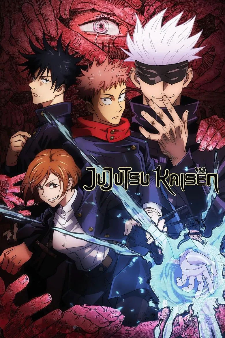 Poster chính thức của bộ anime Jujutsu Kaisen, giới thiệu tổng quan về thế giới chú thuật và các nhân vật chính.