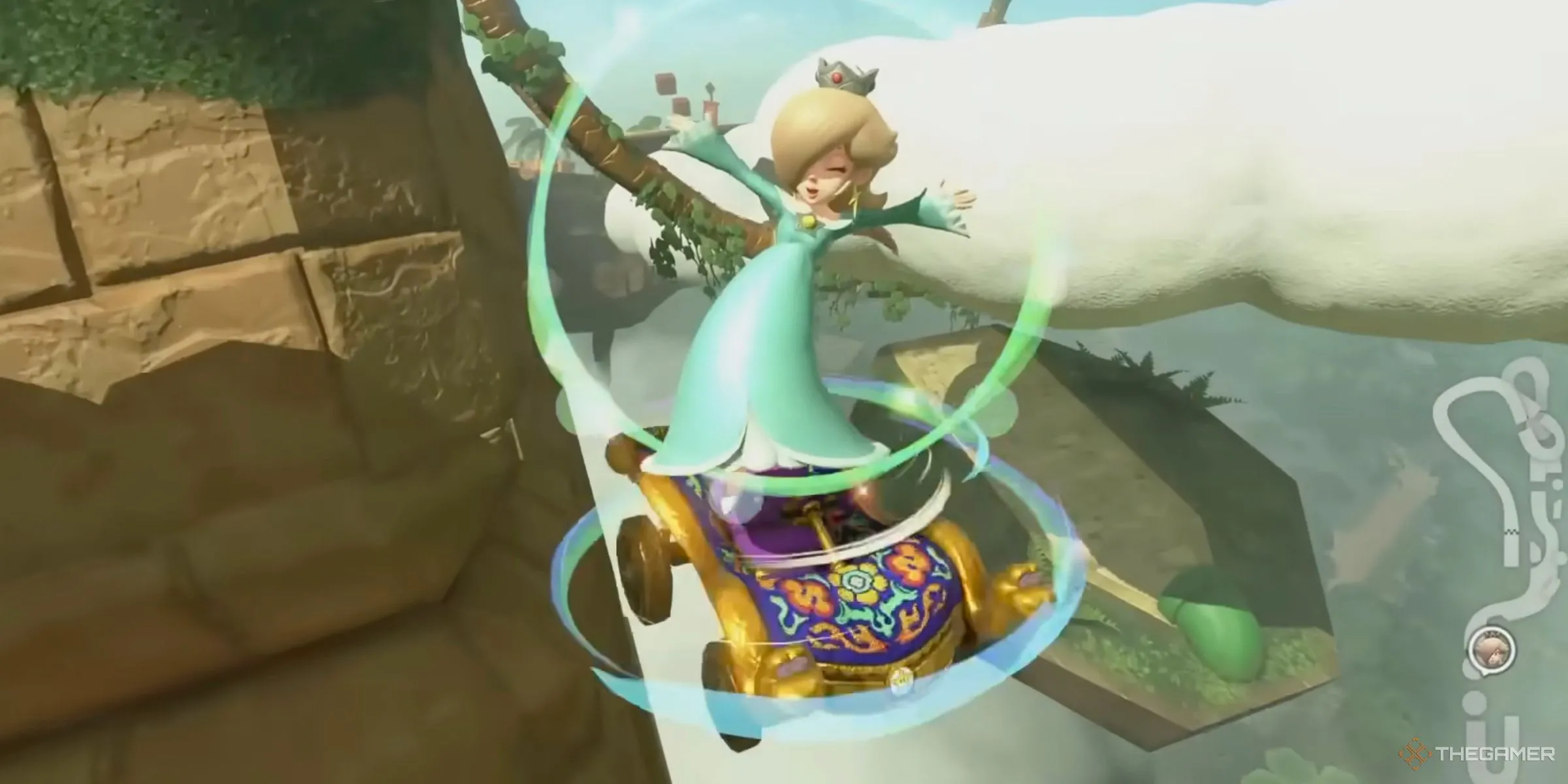 Rosalina doing a Charge Jump off the edge of Great Question Block Ruins to take a shortcut in Mario Kart World.