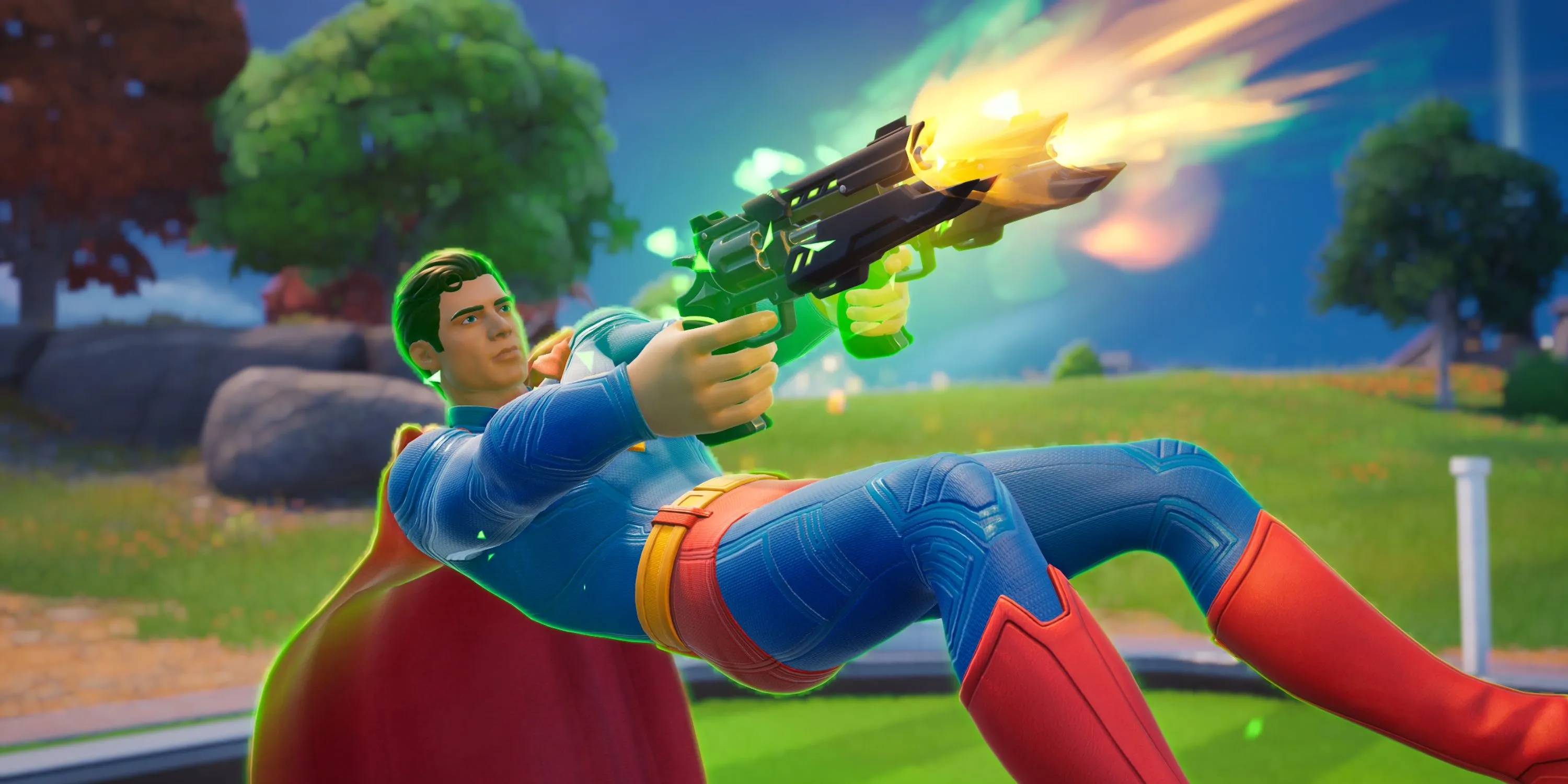 Siêu anh hùng Superman sẵn sàng hành động với cặp súng lục Killswitch Revolvers, biểu tượng sức mạnh Supernova trong Fortnite Chapter 6 Season 3