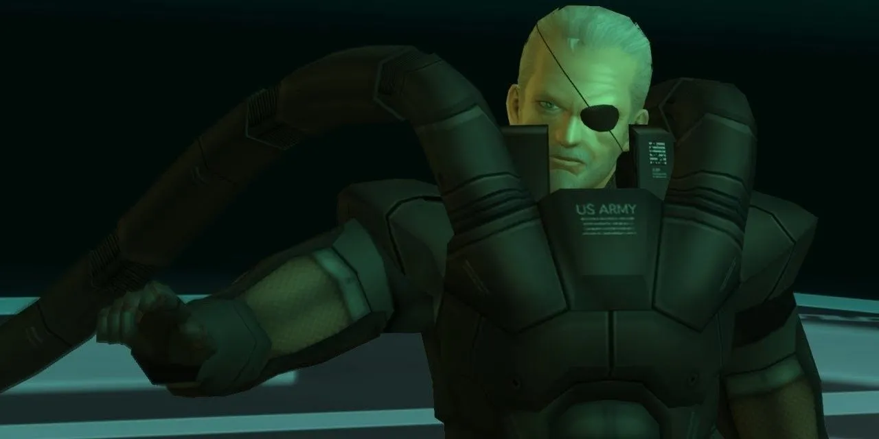 Solidus Snake trong Metal Gear Solid 2 với mái tóc bạc và bộ râu, trông già hơn nhiều so với tuổi 37 của mình.