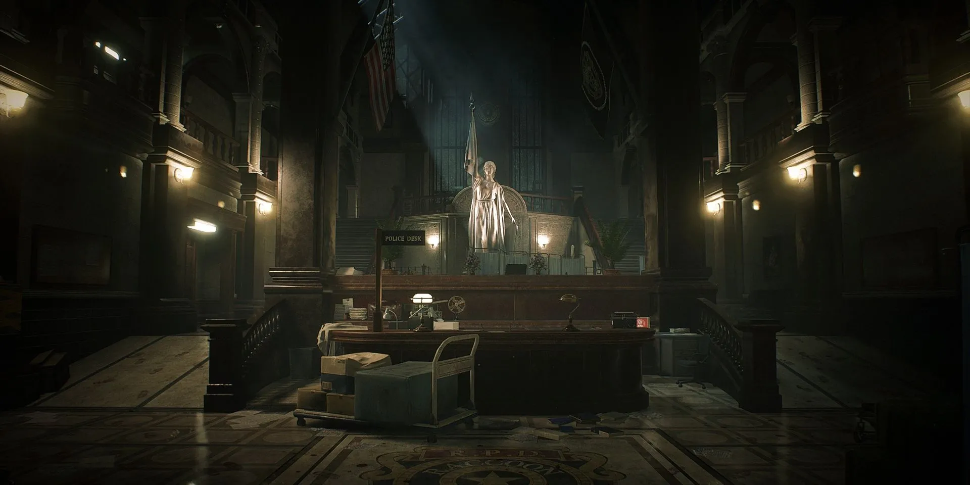 Tiền sảnh Sở cảnh sát Raccoon trong bản remake Resident Evil 2