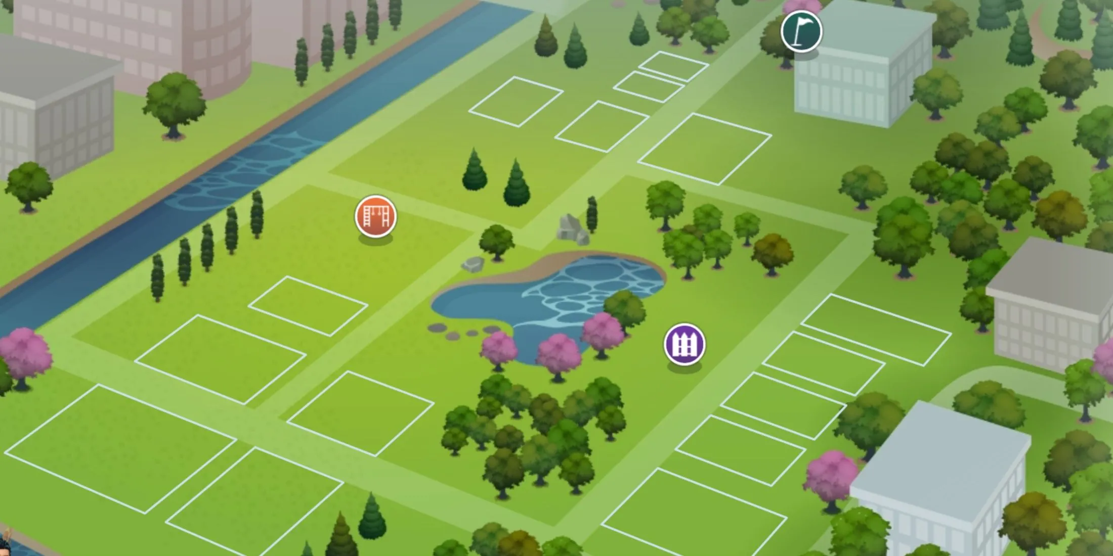 Toàn cảnh Newcrest trong The Sims 4, một thế giới hoàn toàn trống để người chơi thỏa sức xây dựng.