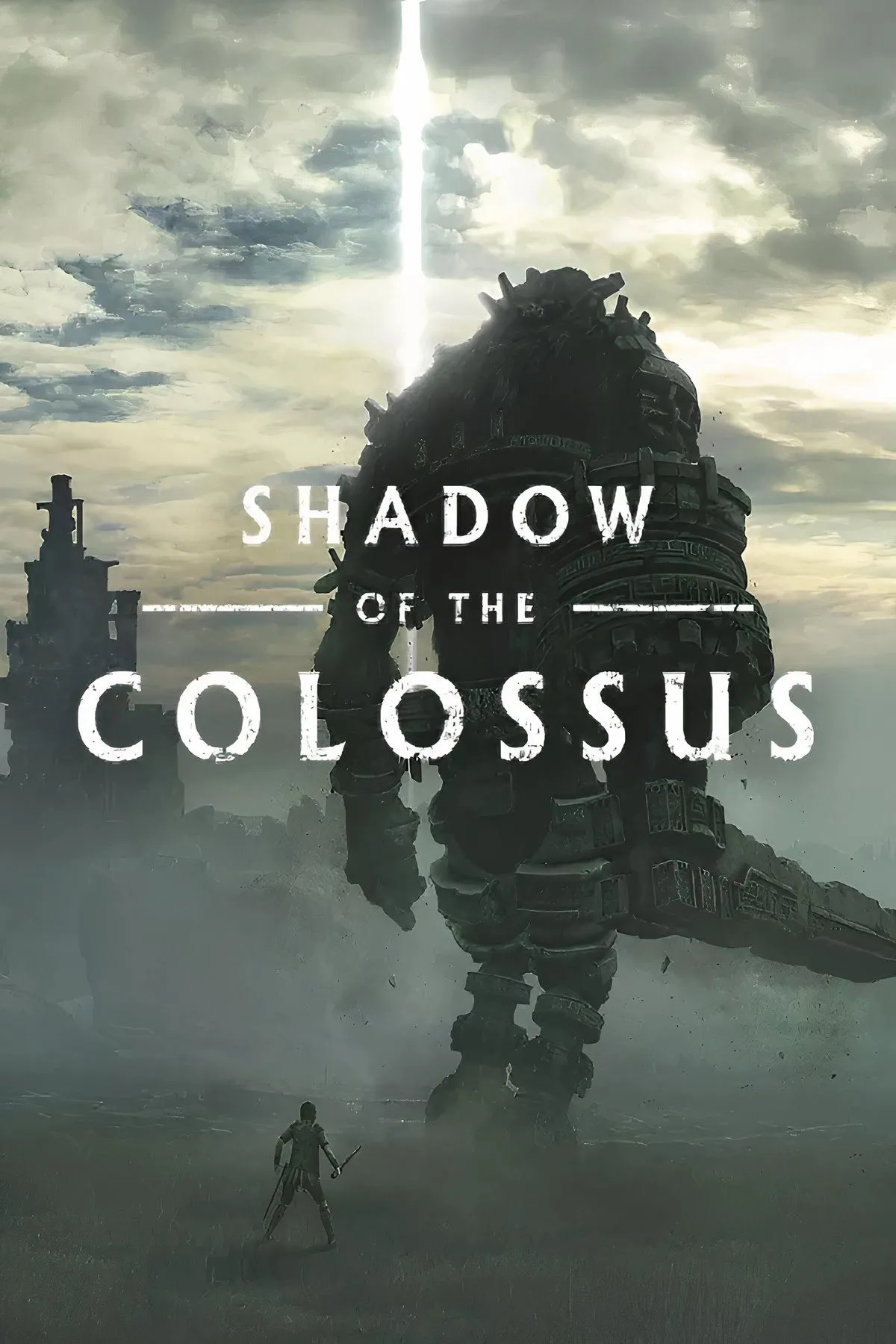 Wander đứng trên một tảng đá khổng lồ, đối diện với một Colossus to lớn ẩn hiện trong sương mù, biểu tượng của Shadow of the Colossus